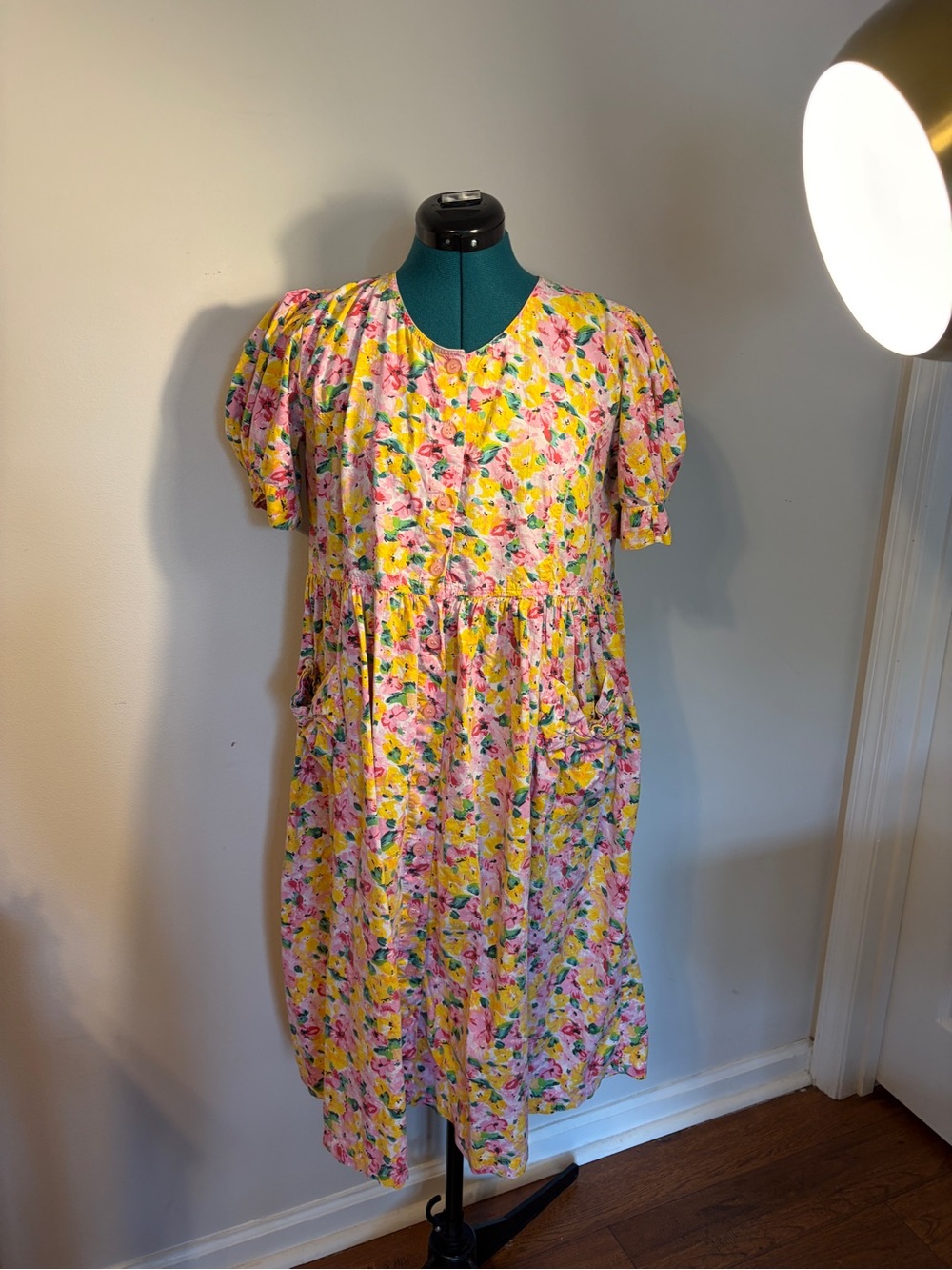 Vintage Floral Yellow and Pink Cotton Babydoll Dress with Pockets